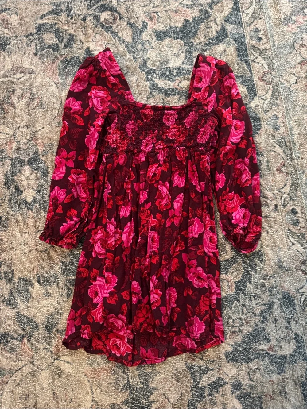 GAP Burgundy Dress with Bright Pink Floral Pattern